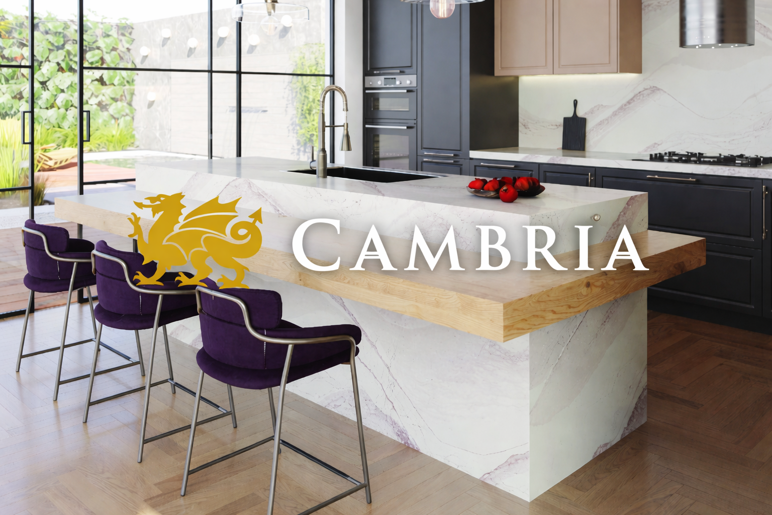Cambria quartz countertop with dramatic veining and polished finish