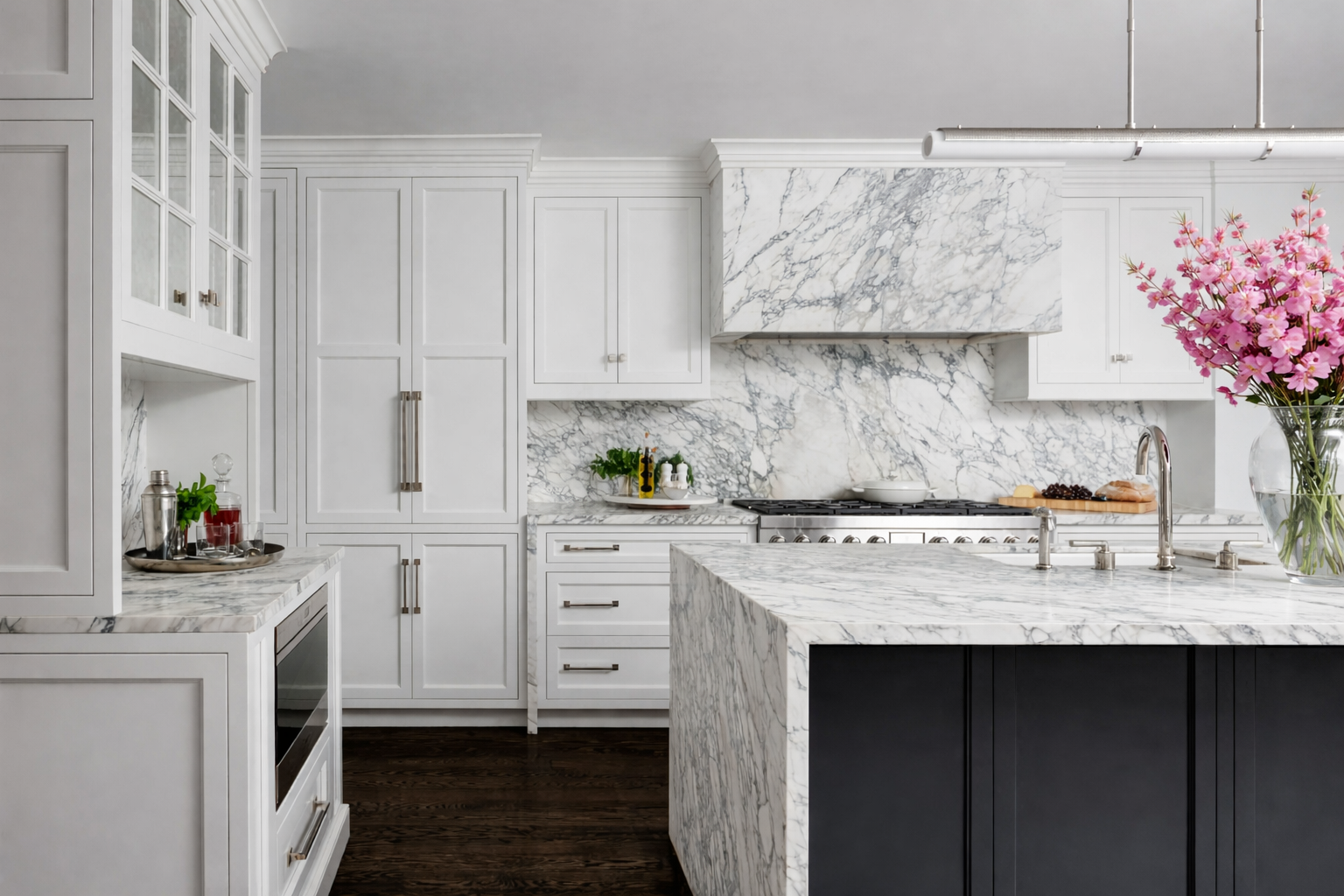 Close-up of white marble with dramatic grey veining