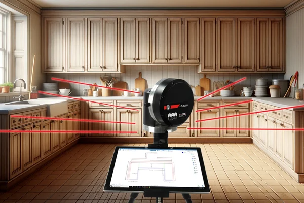 Technician performing digital laser templating in kitchen