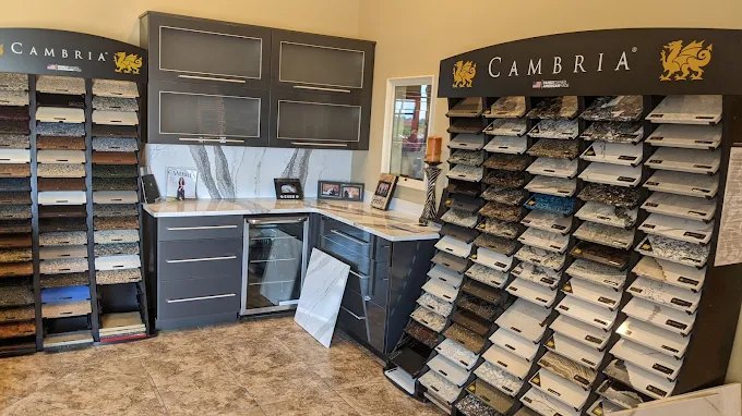 Schmidt Countertops showroom with stone slab displays